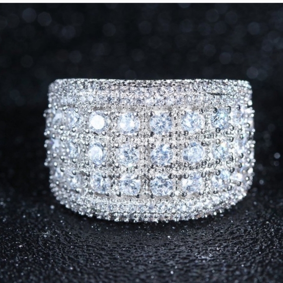 NEW Silver Round Simulate Diamond Pave Wide Band Ring - Picture 8 of 13